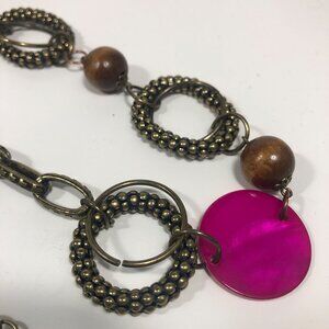 Boho Statement Necklace Brass Rings Wood Beads Pink Disc Pendant